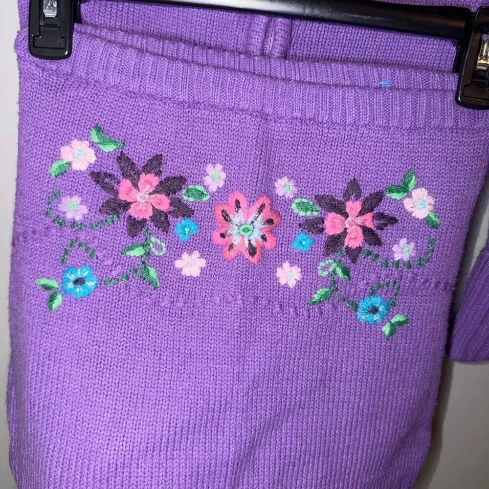 purple floral embroidered mini skirt zip up jacket set vintage girls 6T 7T